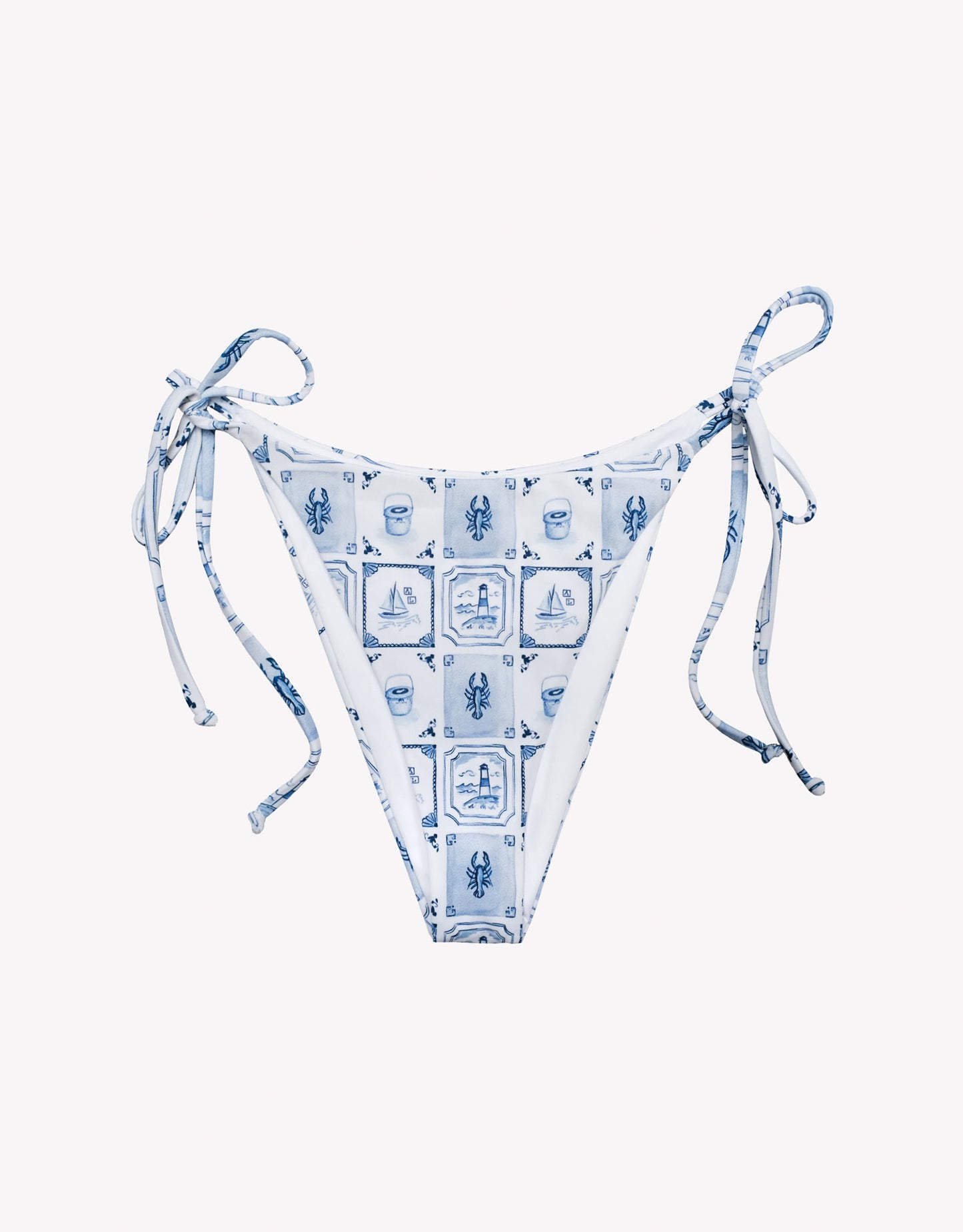 Blue and white patterned bikini bottom on a white background.