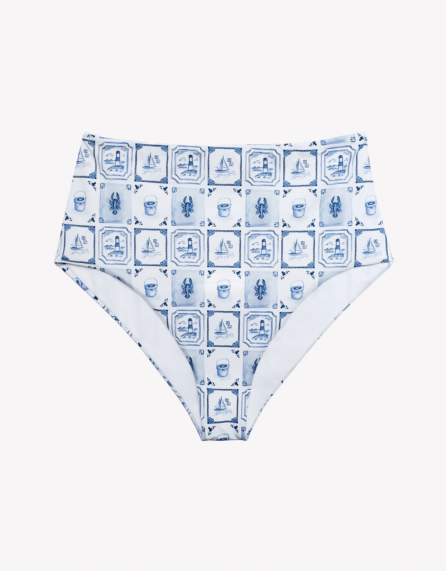 Blue and white patterned swim bottom on a white background.