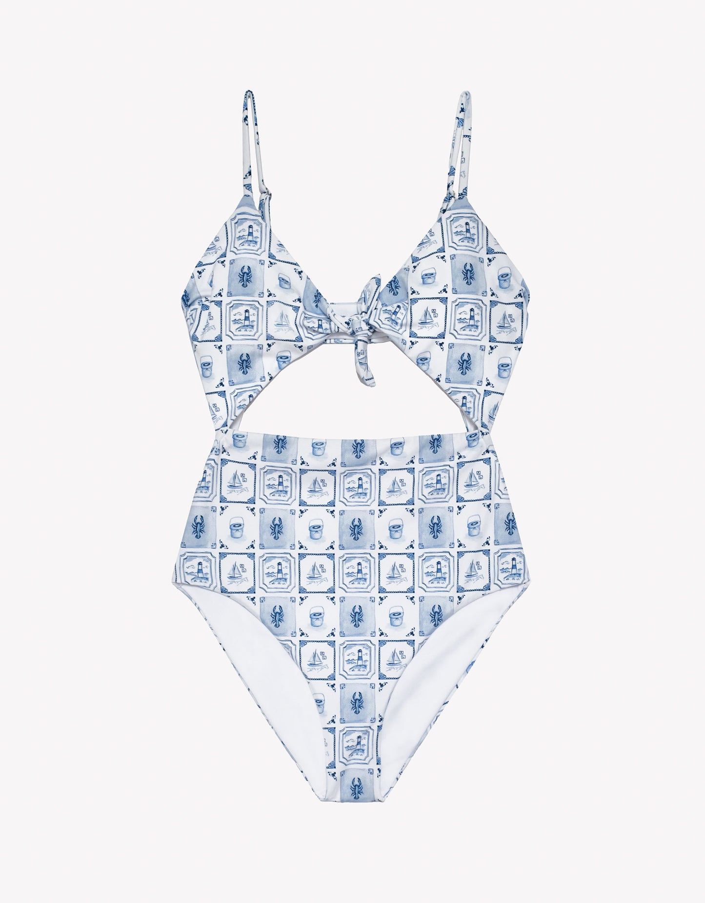 Blue and white patterned swimsuit on a white background.