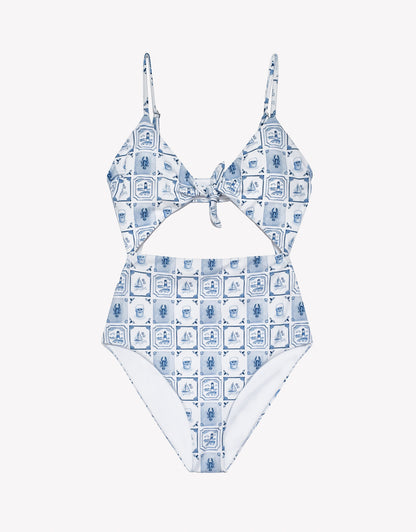 Blue and white patterned swimsuit on a white background.