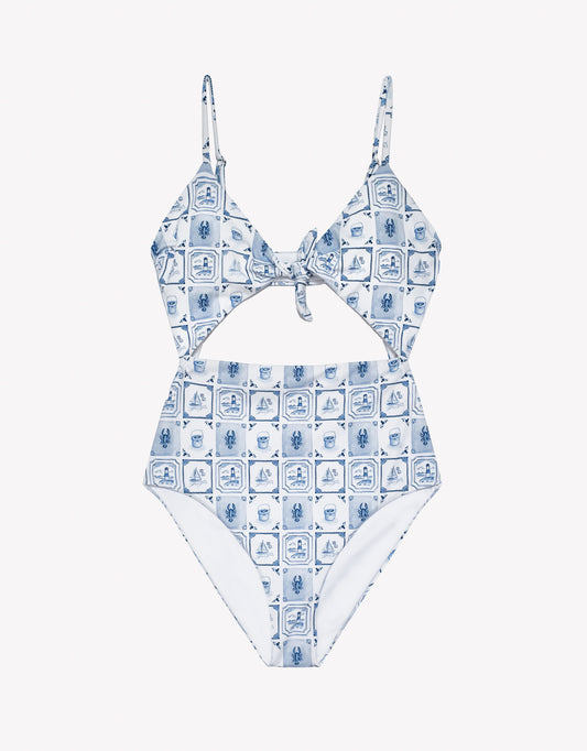Blue and white patterned swimsuit on a white background.