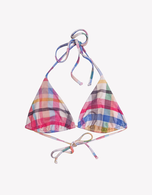 Colorful plaid bikini top on a white background.