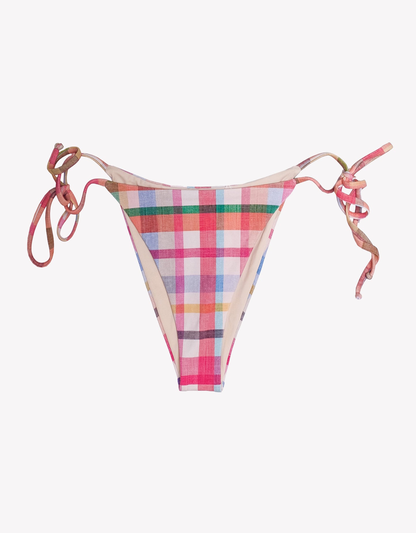 Multicolored plaid bikini bottom with tie sides on a white background.