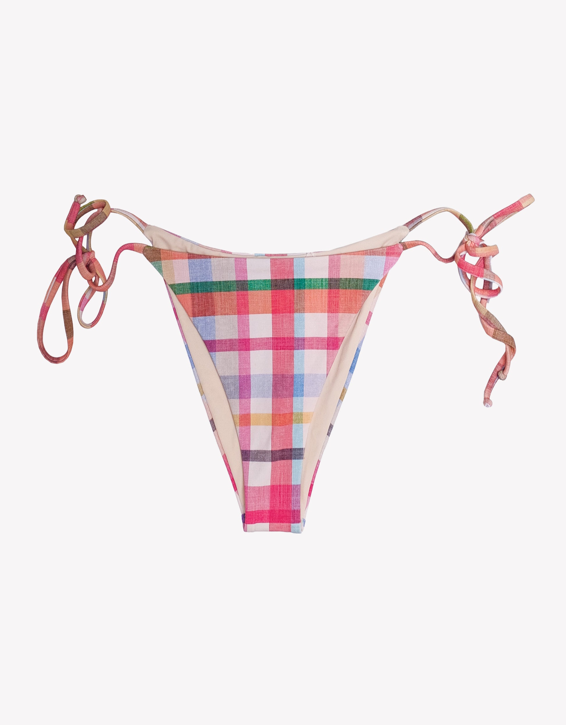 Multicolored plaid bikini bottom with tie sides on a white background.