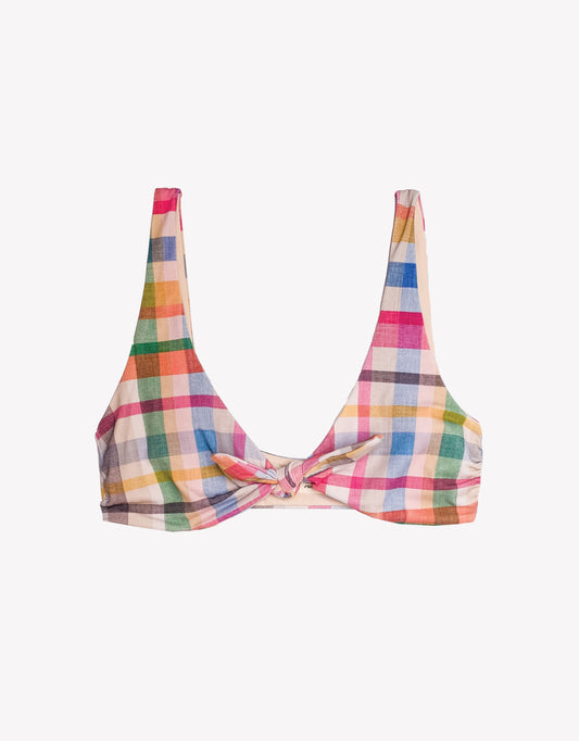 Multicolored plaid bikini top on a white background.