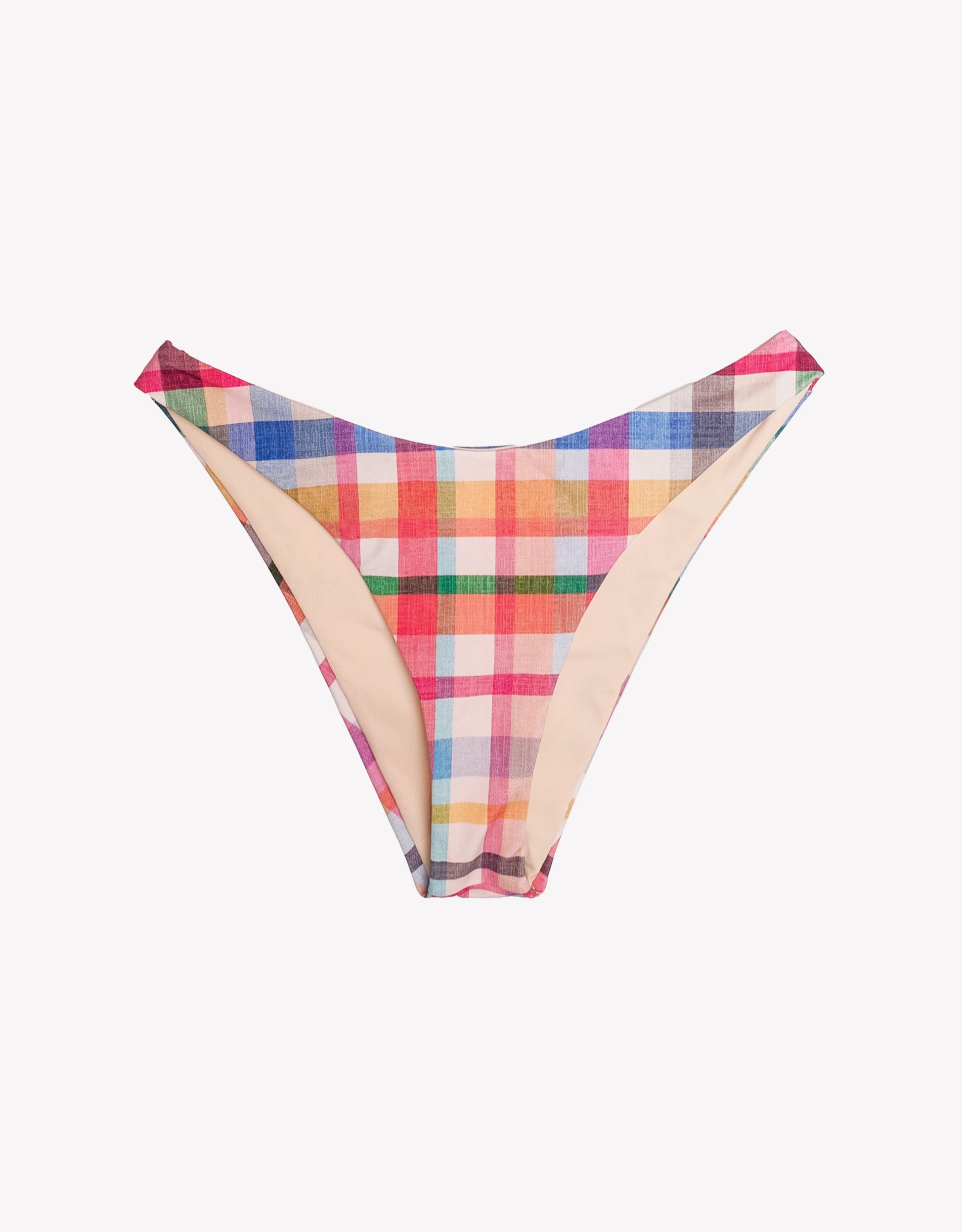 Multicolored plaid bikini bottom on a white background.