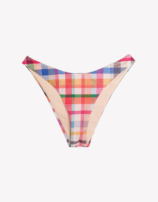 Multicolored plaid bikini bottom on a white background.