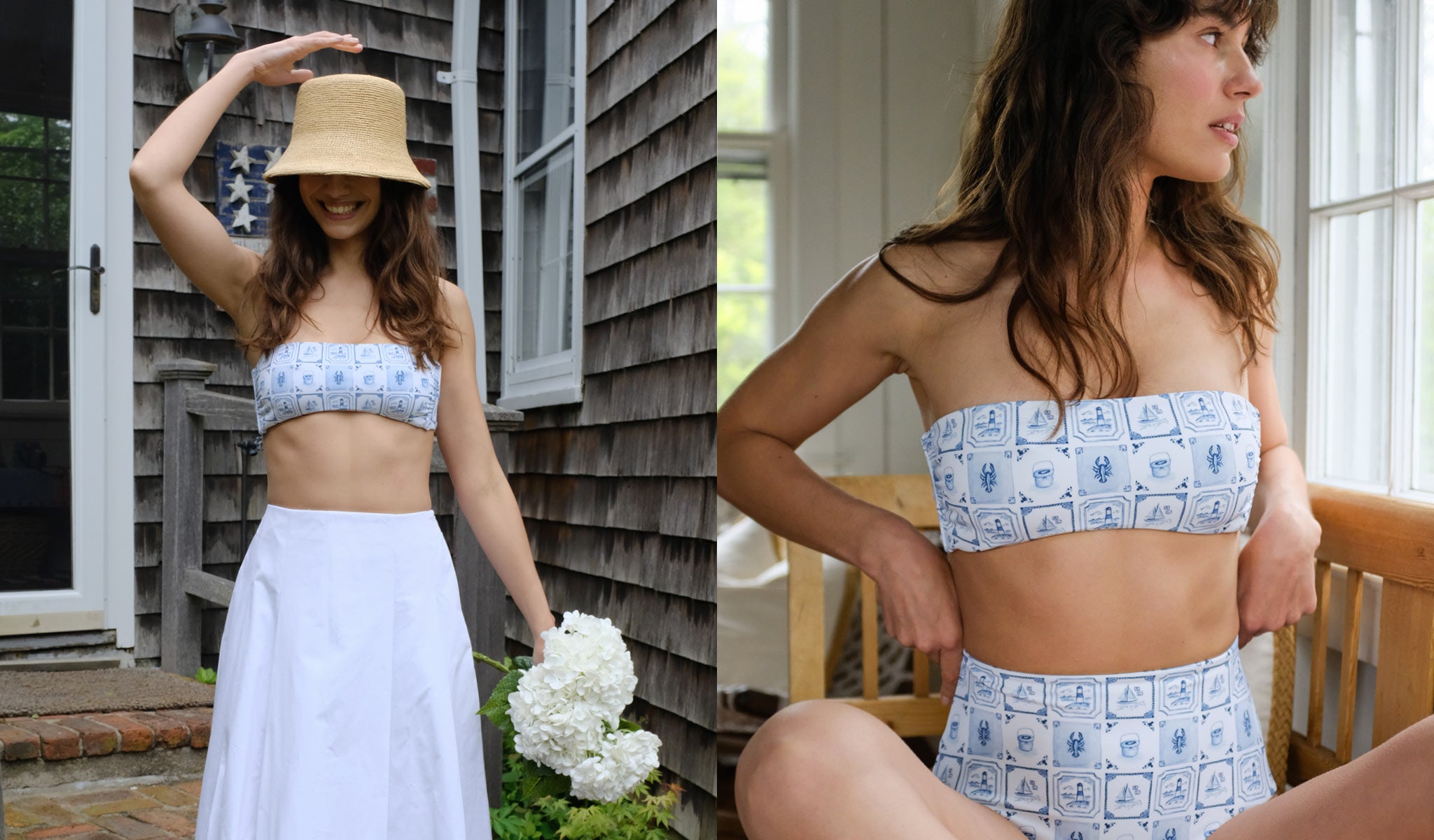 Woman wearing a patterned bikini set with a white skirt outdoors.